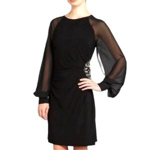 ELIZA J. Sheer Long Sleeve Embellished Waist Cocktail Dress Gown Black Sz 6